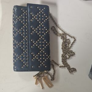 Dior Navy Quilted Crossbody Wallet with Gold Studs and Chain